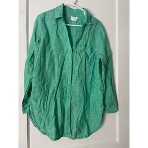 Sigrid Olsen Linen Tunic Top Green Long Sleeve Button Down Shirt Medium